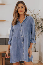 Load image into Gallery viewer, Sky Blue Buttoned Long Sleeve Denim Mini Dress | Dresses/Mini Dresses
