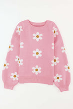 Load image into Gallery viewer, Pink flower sweater with round neck and dropped shoulders, designed for women&#39;s winter clothes, featuring a playful floral pattern.
