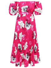 Load image into Gallery viewer, Off Shoulder Midi Dress | Pleated Floral Short Sleeve Dress
