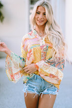 Load image into Gallery viewer, Multicolor Paisley Print Bell Sleeve Lace V-Neck Button Sheer Blouse | Tops/Blouses &amp; Shirts
