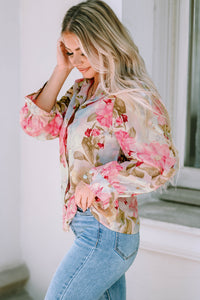 Pink All Floral Puff Sleeve Collared Shirt | Tops/Blouses & Shirts