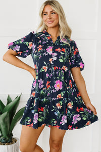 Bubble Sleeve Dress | Black Floral Button Mandarin Collar Dress