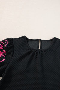 Puff Sleeve Top | Black Floral Embroidered Textured