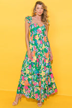 Load image into Gallery viewer, Green Floral Print Sleeveless Ruffle Tiered Maxi Dress | Dresses/Floral Dresses
