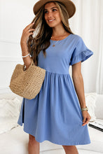 Load image into Gallery viewer, Sky Blue Round Neck Ruffle Sleeve Loose Dress | Dresses/Mini Dresses
