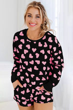 Load image into Gallery viewer, Black Valentine Heart Shape Print Long Sleeve Top Shorts Lounge Set | Loungewear &amp; Sleepwear/Loungewear
