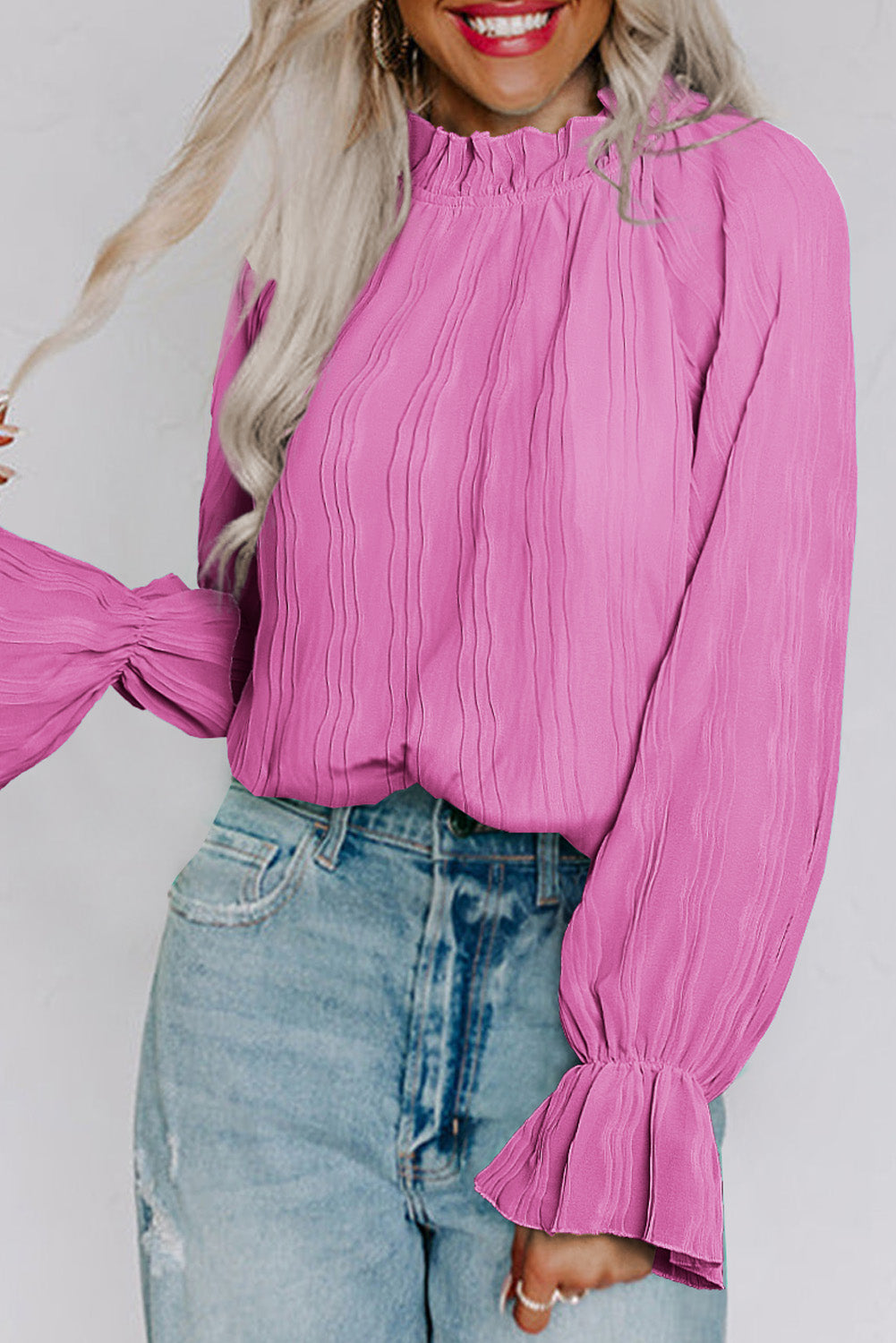 Pink Striking Pleated Flared Cuff Long Sleeve Blouse | Tops/Blouses & Shirts