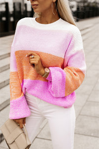 Pullover Sweater | Pink Colorblock Drop Shoulder