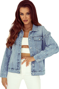 Pearl Beaded Denim Jacket | Sky Blue Pockets Denim Jacket