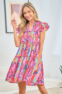 Tiered Dress | Full Size Printed Ruffle Cap Sleeve Mini Dress