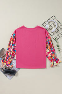 Pink Flower Patchwork Top | Ruffled Sleeve Ribbed Knit