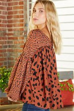 Load image into Gallery viewer, Brown Contrast Leopard Print Bubble Sleeve Blouse | Tops/Blouses &amp; Shirts
