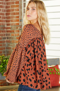 Brown Contrast Leopard Print Bubble Sleeve Blouse | Tops/Blouses & Shirts