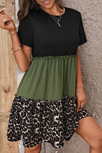 Load image into Gallery viewer, Jungle Green Leopard Print Colorblock Frill Trim T-shirt Dress | Dresses/T Shirt Dresses
