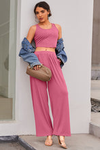 Load image into Gallery viewer, Pink Textured Sleeveless Crop Top and Wide Leg Pants Outfit | Two Piece Sets/Pant Sets
