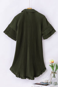 Pleated Shirt Dress | Green High-Low Hem Ruffle Sleeve Dress