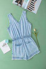 Load image into Gallery viewer, Beau Blue Studded V Neck Raw Hem Sleeveless Denim Romper
