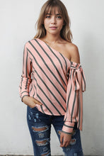 Load image into Gallery viewer, Tied Shoulder Blouse | Pink Striped Asymmetric Top
