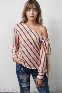 Tied Shoulder Blouse | Pink Striped Asymmetric Top