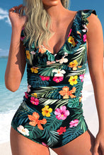 Load image into Gallery viewer, Green Floral Print Ruffled V Neck Ruched One Piece Swimwear | Swimwear/One Piece Swimsuit
