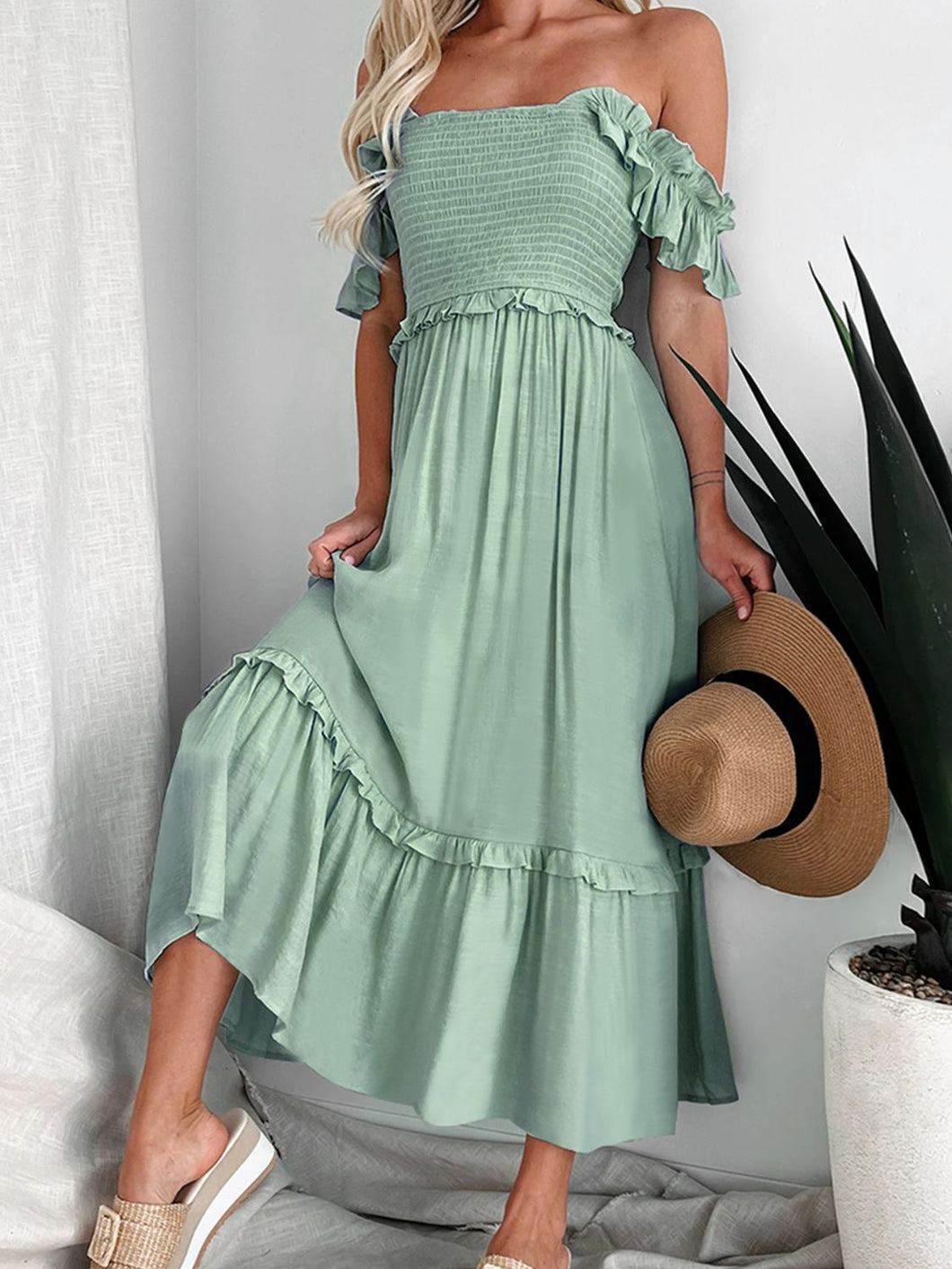 Off Shoulder Dress | Smocked Ruffle Sleeve Dress