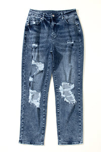 High Waist Slim Fit Jeans | Blue Light Wash Frayed Jeans