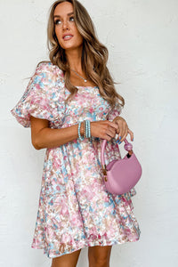 Pink Floral Puff Sleeve Square Neck Smock Ruffled Dress | Dresses/Floral Dresses