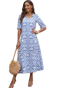 Sky Blue V Neck Casual Geometric Print Maxi Dress | Dresses/Maxi Dresses