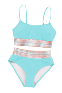 Sky Blue Striped Patchwork Spaghetti Strap High Waist Bikini Swimsuit | Swimwear/High Waisted Swimsuit