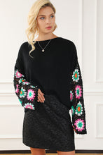 Load image into Gallery viewer, Black Floral Crochet Bell Sleeve Loose Sweater | Tops/Sweaters &amp; Cardigans
