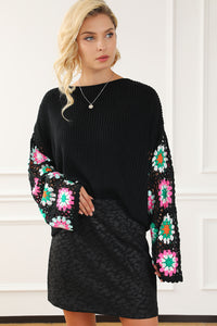 Black Floral Crochet Bell Sleeve Loose Sweater | Tops/Sweaters & Cardigans