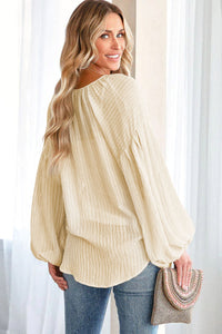 Drawstring Blouse | Apricot Lantern Sleeve Stripe Tassel