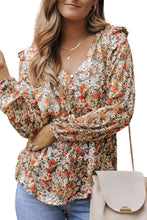 Load image into Gallery viewer, Babydoll Top | Khaki V Neck Ruffled Floral Blouse
