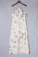 Load image into Gallery viewer, White Floral Slit Ruffled Halterneck Maxi Dress
