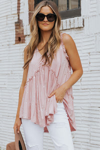 V Neck Top | Foil Frill Trim Sleeveless Blouse