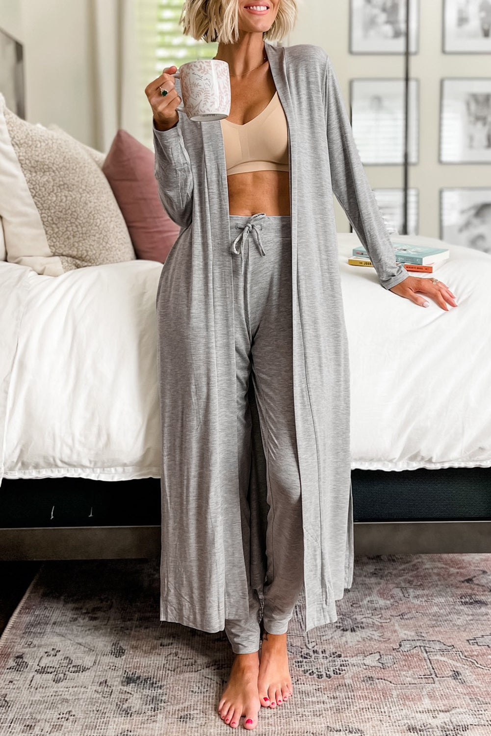 Split Long Cardigan Lounge Wear with Skinny Pants