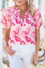 Load image into Gallery viewer, Pink Split Neck Ruffled Puff Sleeves Floral Top | Tops/Tops &amp; Tees
