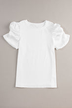 Load image into Gallery viewer, Puff Sleeve Top | White Ruched Crew Neck Tee
