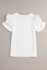 Puff Sleeve Top | White Ruched Crew Neck Tee