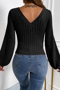 Lantern Sleeve Top | Black Knitted Jacquard V Neck