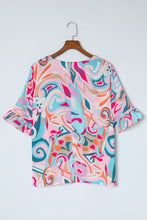 Load image into Gallery viewer, Sky Blue Abstract Print Ruffle V Neck Blouse | Tops/Blouses &amp; Shirts
