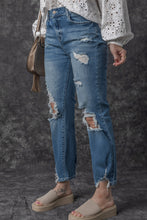 Load image into Gallery viewer, Sky Blue Ripped Knee Hole High Waist Jeans | Bottoms/Jeans
