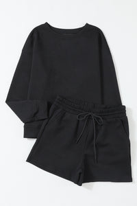 Drawstring Shorts Set | Black Textured Long Sleeve Top Shorts