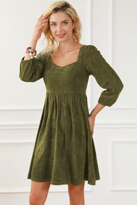 Jungle Green Suede Square Neck Puff Sleeve Dress