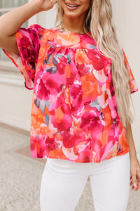 Fiery Red Floral Print Wide Sleeve Blouse | Tops/Blouses & Shirts