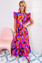 Load image into Gallery viewer, Orange Abstract Printed High Waist Ruffle Tiered Long Dress
