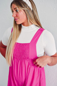 Wide Leg Overalls | Strawberry Pink Wide Straps Smocked Detail