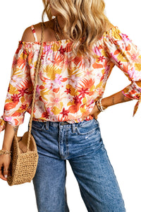 Multicolor Floral Print Shirred Knotted Off Shoulder Blouse | Tops/Blouses & Shirts