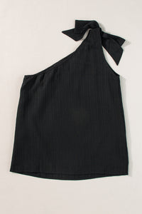 One Shoulder Tank Top | Black Textured Bowknot Blouse