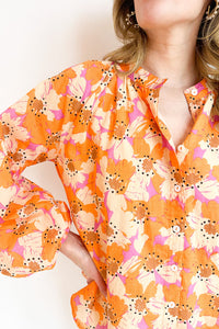 Floral Print Top | Orange Loose Sleeve Shirt